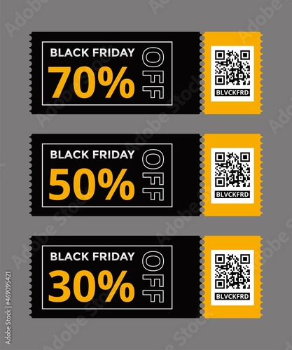 Black friday gift voucher card with coupon code text and qr code template design background promotion.