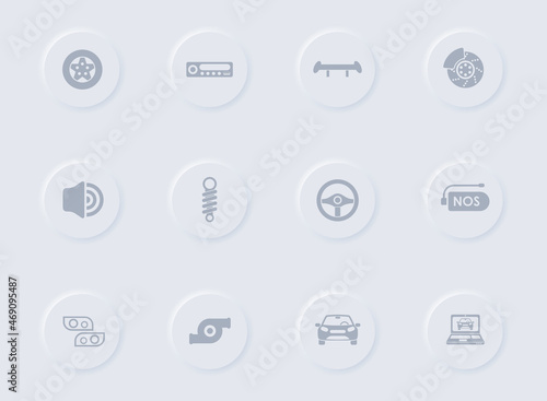 auto tuning gray vector icons on round rubber buttons. auto tuning icon set for web, mobile apps, ui design and promo business polygraphy