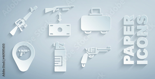 Set Weapons oil bottle, case, Location with weapon, Revolver gun, Buying assault rifle and M16A1 icon. Vector