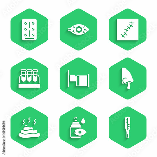 Set Hospital bed, Eye drop bottle, Medical thermometer, Runny nose, Shit, Test tube with blood, Scar suture and Pills in blister pack icon. Vector