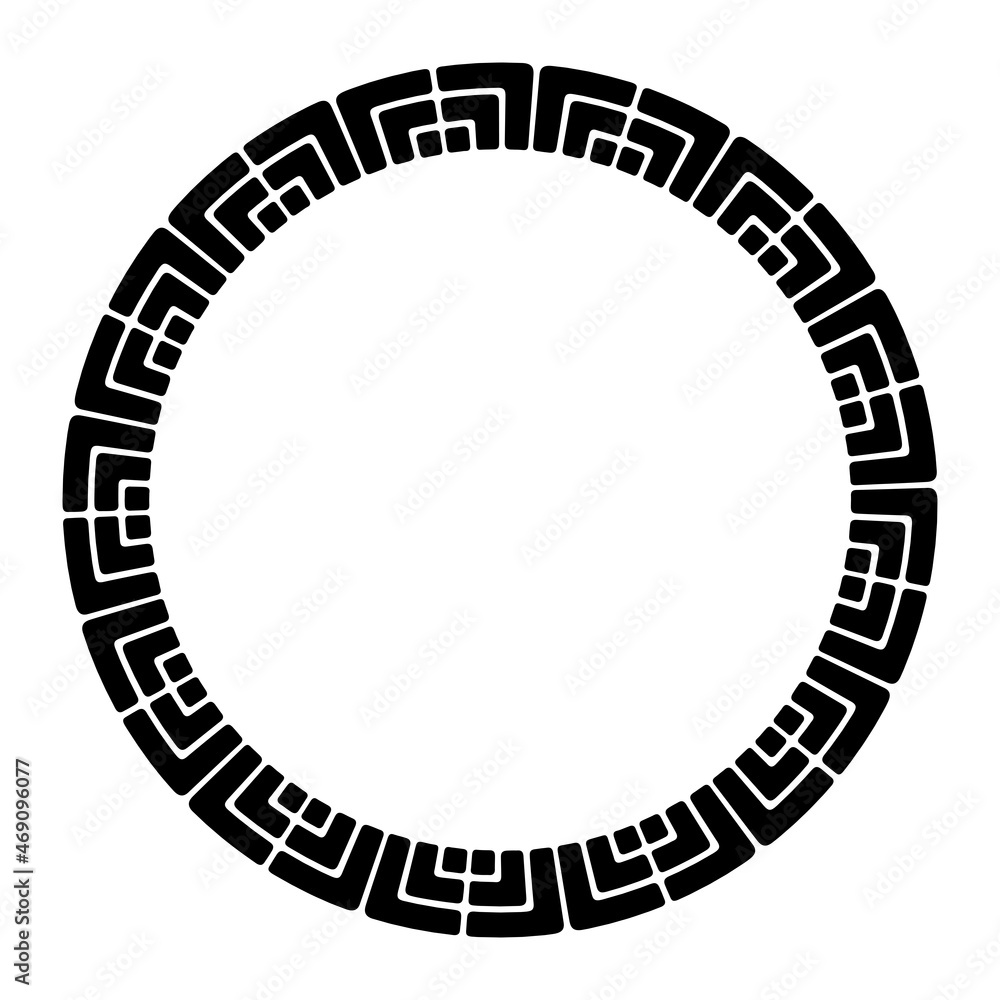 Abstract round meander, circular geometric ornament with blocks. Decorative frame, isolated on white background. Place for text. Vector monochrome illustration for invitations, greeting cards.