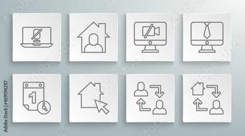 Set line Time management, Online working, Project team base, Video camera Off on computer, chat conference and Mute microphone laptop icon. Vector