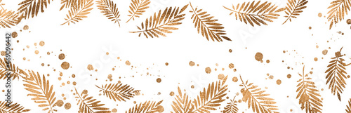 Background with plants, flowers, leaves and grass in gold. Background with floral elements, botanical watercolor illustration with gold splashes. Design elements for cards, web or your own design.