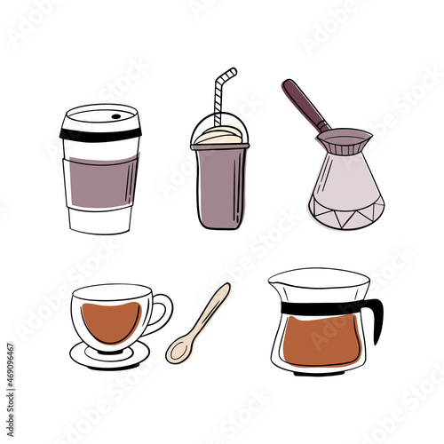 Coffee Color Hand Drawn Collection. Vector sketch illustration set with turk