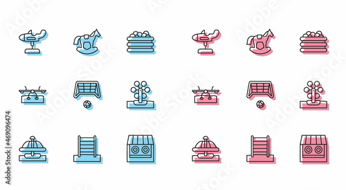 Set line Attraction carousel, Swedish wall, Swing plane, Shooting gallery, Soccer goal with ball, Ferris wheel, Seesaw and Horse saddle swing icon. Vector