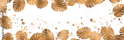 Background with plants, flowers, leaves and grass in gold. Background with floral elements, botanical watercolor illustration with gold splashes. Design elements for cards, web or your own design.