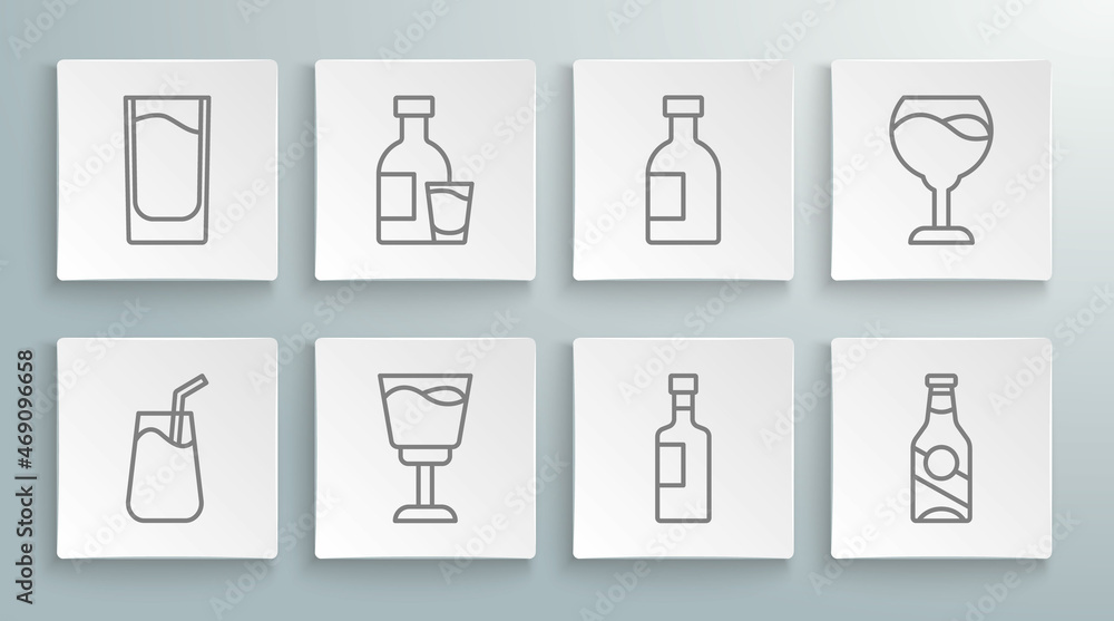 Set line Cocktail, Bottle of vodka with glass, Wine, bottle, Beer, Glass, and Shot icon. Vector Set line Cocktail, Bottle of vodka with glass, Wine, bottle, Beer, Glass, and Shot icon. Vector