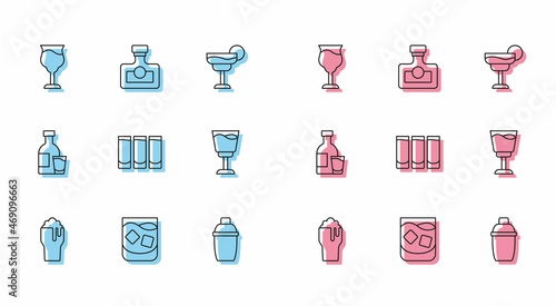 Set line Glass of beer, whiskey, Wine glass, Cocktail shaker, Shot, Bottle vodka with and Alcohol drink Rum icon. Vector