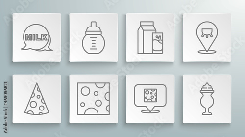 Set line Cheese, Baby milk in a bottle, Milkshake, Paper package for kefir, Udder and Lettering icon. Vector