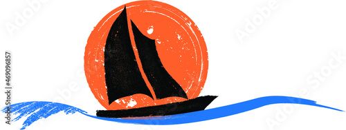 Ocean, sun, sailing boat and Abstract Waves . Grunge Logo Element. Sailboat on the sea in sunset . Brush Stroke . Vector Illustration. 
