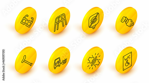 Set line Separated toilet for disabled, Joint pain, knee pain, Disabled car, Walking stick cane, Prosthesis hand, Blindness, Walker and Eyeglasses icon. Vector