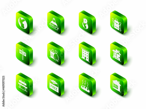 Set Help homeless, Shelter for, Hiking backpack, Homeless cardboard house, House with dollar, Multi storey building, Donation food and icon. Vector