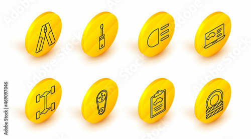 Set line Car tire wheel, inspection, Timing belt kit, Chassis car, Diagnostics condition of, High beam, Screwdriver and battery jumper power cable icon. Vector