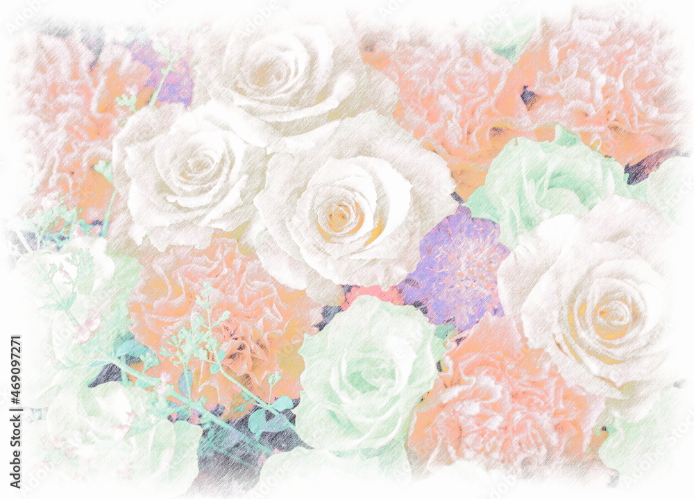 Flower arrangement of roses drawn with colored pencils. Flower arrangement of roses drawn with colored pencils.