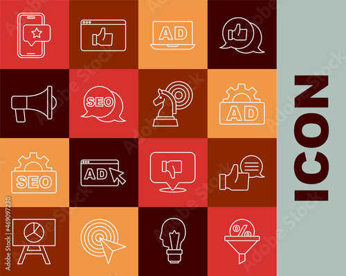 Set line Lead management, Customer product rating, Advertising, SEO optimization, Megaphone, Mobile with review and Chess icon. Vector