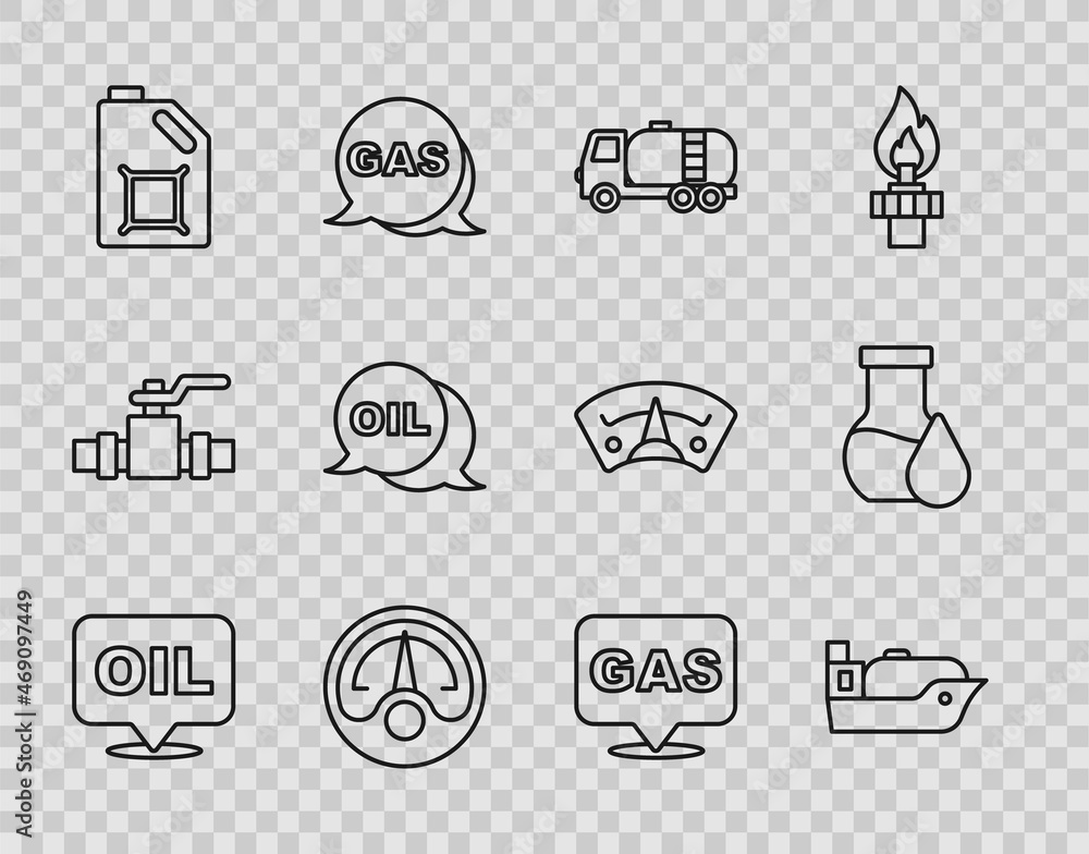 Set line Word oil, Oil tanker ship, Tanker truck, Motor gas gauge, Canister for motor, Location and station and petrol test tube icon. Vector Set line Word oil, Oil tanker ship, Tanker truck, Motor gas gauge, Canister for motor, Location and station and petrol test tube icon. Vector