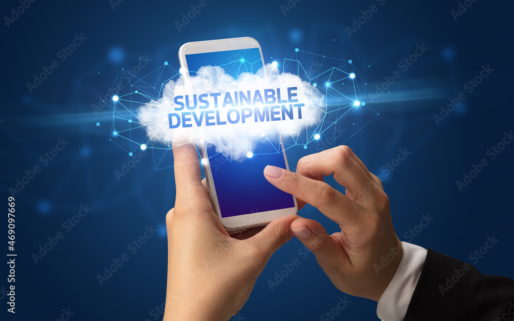 Hand using smartphone with cloud business concept Hand using smartphone with cloud business concept