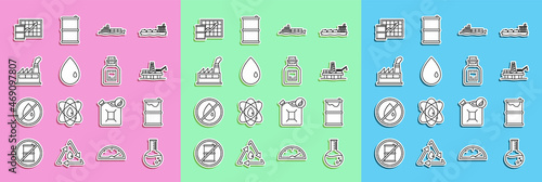 Set line Oil petrol test tube, Barrel oil leak, platform in the sea, tanker ship, drop, industrial factory building, price increase and icon. Vector