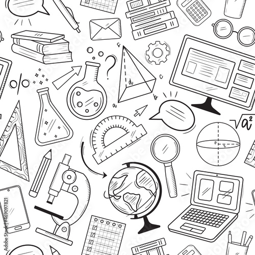 Vector white background with online education symbols. Learning, knowlege, skill concept. Seamless pattern with math, physics, chemistry, icons. School and university pattern
