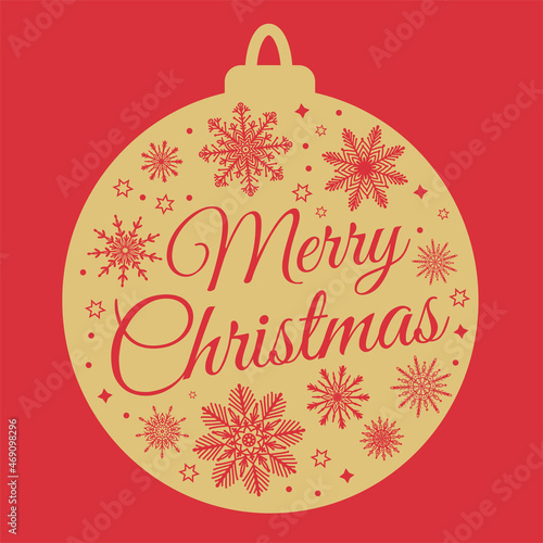 Merry Christmas greeting card with golden Christmas ball bauble silhouette with snowflakes and snow on red background. Cute winter holiday design element for invitation, banner