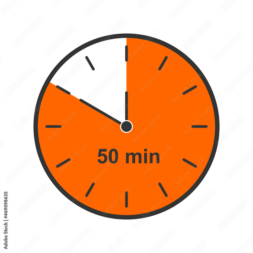 Clock icon with 50 minutes time interval. Infographic element for cooking or sport game. Countdown timer or stopwatch symbol isolated on white background. Vector flat illustration. Clock icon with 50 minutes time interval. Infographic element for cooking or sport game. Countdown timer or stopwatch symbol isolated on white background. Vector flat illustration.