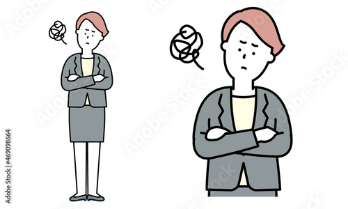 腕組みして悩んでいるスーツ姿の女性のイラスト素材