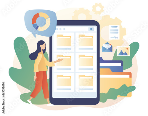 File management concept. Tiny woman search files on smartphone. Data storage. Folders, documents and media content. Modern flat cartoon style. Vector illustration on white background