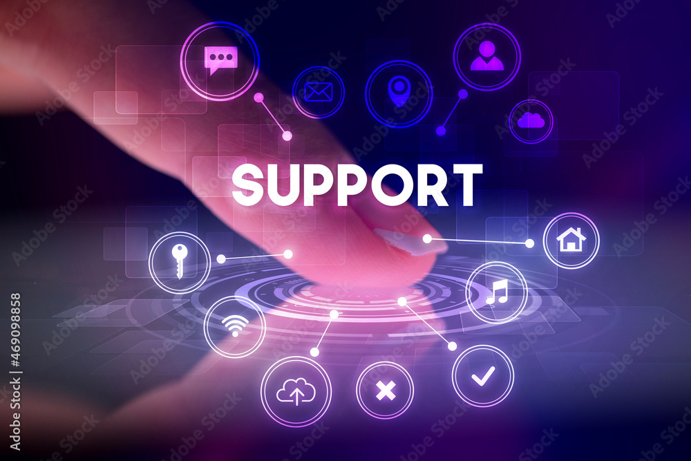 Finger touching tablet with web technology icons concept Finger touching tablet with web technology icons concept