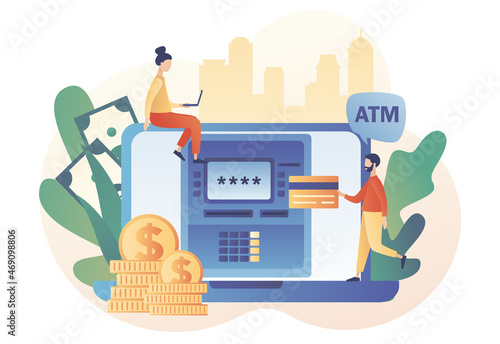 ATM on laptop. Tiny people withdraws money from credit card in online atm machine. Banking terminal. Online payment. Modern flat cartoon style. Vector illustration on white background