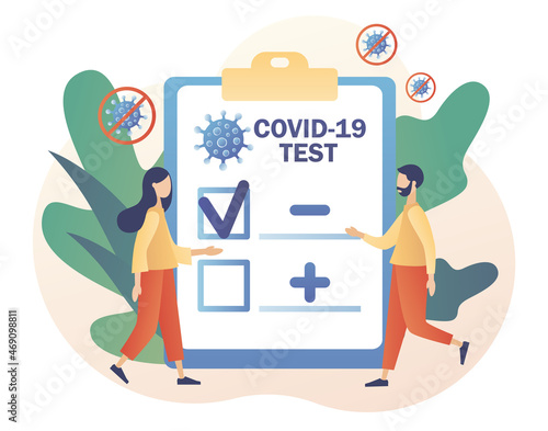 Covid-19 testing. Tiny doctor or nurse doing Coronavirus PCR test. Patient receiving Covid-19 rapid test. Positive or negative testing result. Modern flat cartoon style. Vector illustration