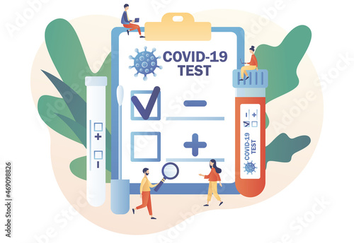 Coronavirus Covid-19 testing. Positive or negative testing result. Tiny doctor or nurse doing Coronavirus PCR test. Patient receiving Covid-19 rapid test. Modern flat cartoon style.Vector illustration