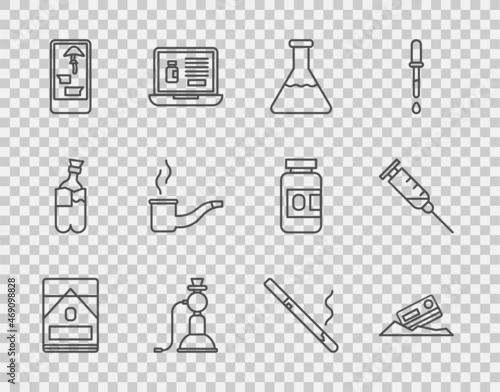 Set line Cigarettes pack box, Cocaine and credit card, Test tube flask, Hookah, Buying drugs online on phone, Smoking pipe, and Syringe icon. Vector