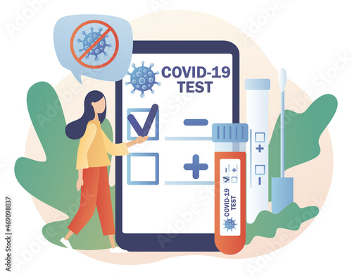 Positive or negative testing result in smartphone app. Covid-19 testing. Tiny doctor or nurse doing Coronavirus PCR test. Patient receiving Covid-19 rapid test. Modern flat cartoon style. Vector