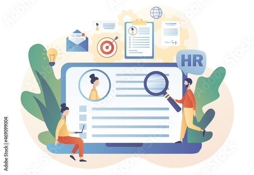 Human Resources management. HR department. Employer selects candidates online. Recruitment agency, employment, headhunting business. Modern flat cartoon style. Vector illustration on white background