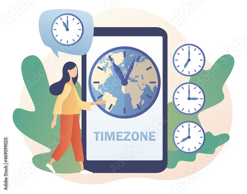 Time zones. International time and date online. Clock showing local time in smartphone app. Tiny business woman worldwide. Modern flat cartoon style. Vector illustration on white background