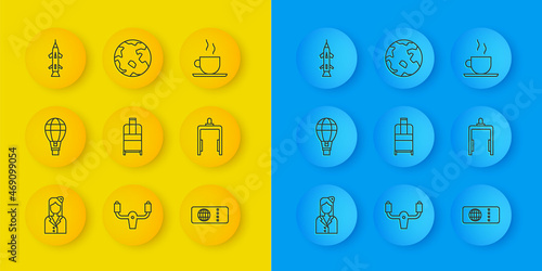 Set line Stewardess, Hot air balloon, Suitcase, Airline ticket, Metal detector airport, Rocket, Coffee cup and Worldwide icon. Vector