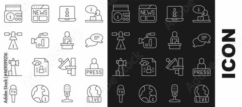 Set line Live report, Journalist news, Speech bubble chat, Information, Cinema camera, Satellite, News radio channel and Breaking icon. Vector