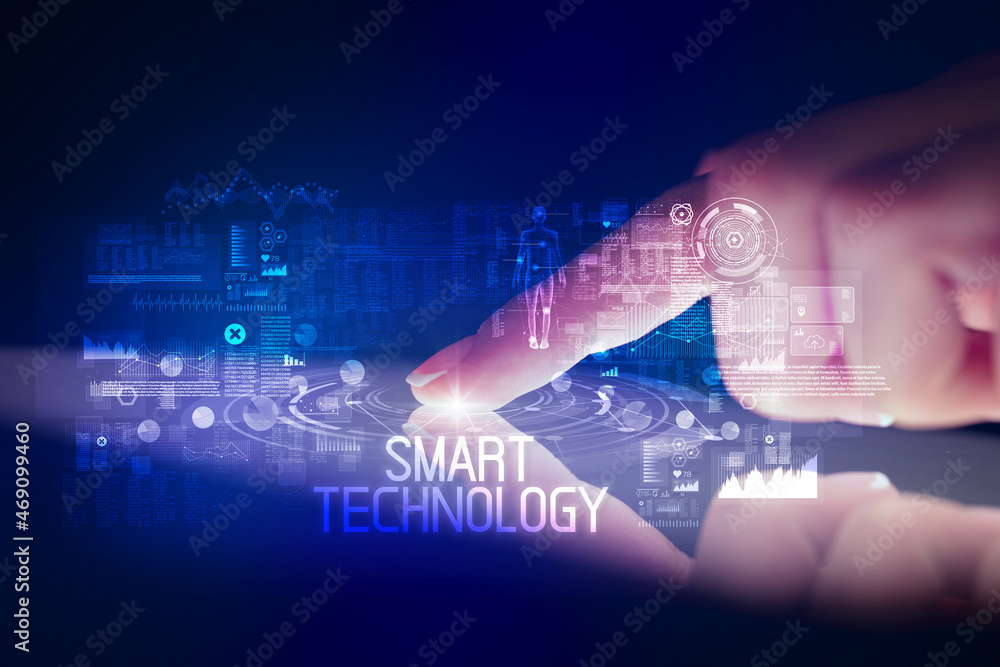 Finger touching tablet with web technology icons concept Finger touching tablet with web technology icons concept
