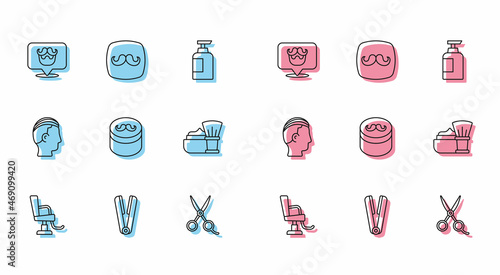 Set line Barbershop chair, Curling iron for, Scissors hairdresser, Gel wax styling, Shaving brush with foam, Hairstyle men and icon. Vector