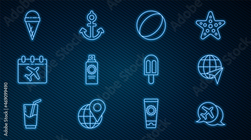 Set line Speech bubble with airplane, Globe flying, Beach ball, Sunscreen spray bottle, Calendar and, Ice cream waffle cone, and Anchor icon. Vector