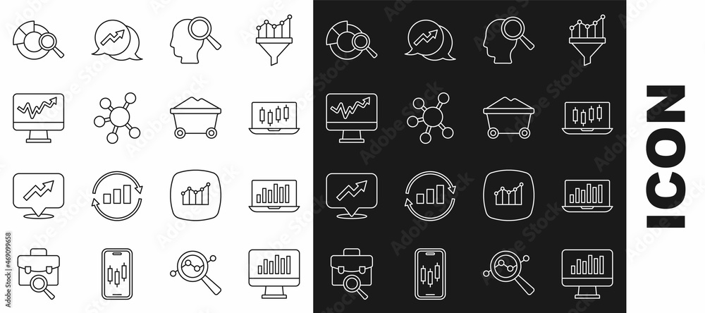 Set line Monitor with graph chart, Laptop, Stocks market growth graphs, Search people, Project team base, data analysis and Coal mine trolley icon. Vector