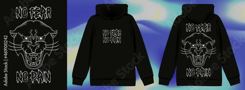 Modern poster of a panther with the text "No fear, no pain". Old school style, Stylish print for streetwear, print for t-shirts and hoodies, Isolated on black background