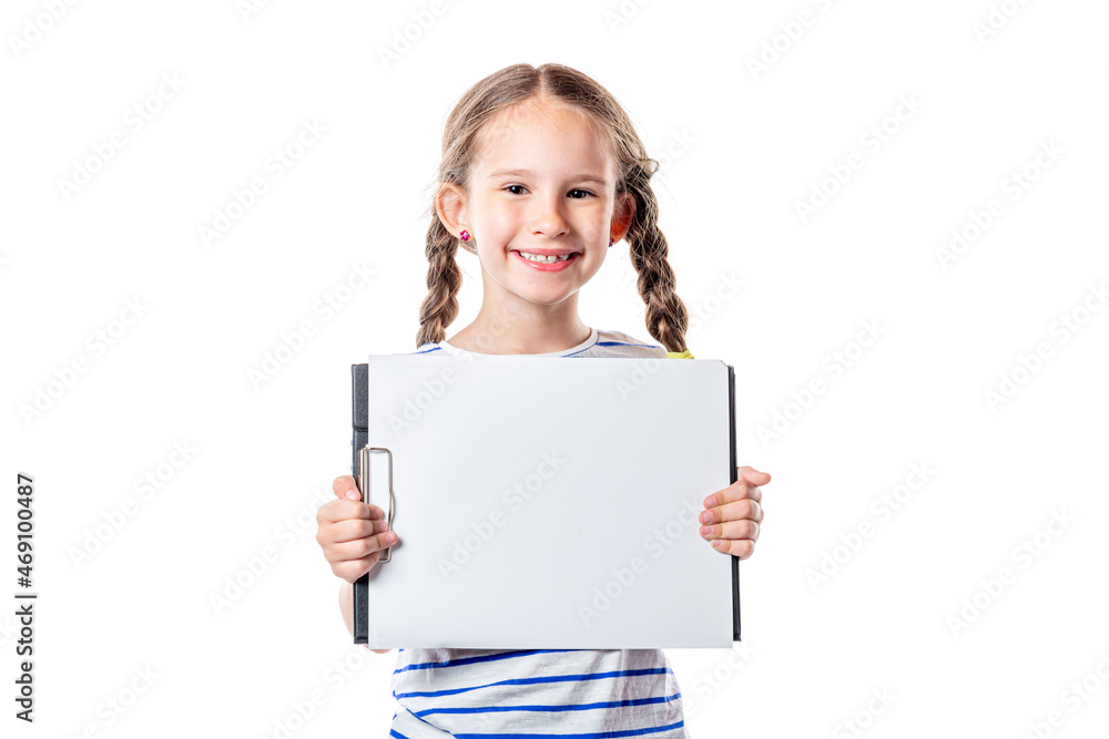 Smiling cute little european girl with pigtails holding empty white board Smiling cute little european girl with pigtails holding empty white board