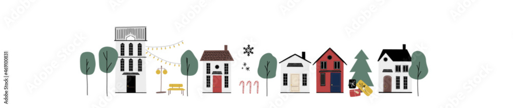 Winter and christmas cityscape on white. Vector illustration of winter city, christmas town, village. 