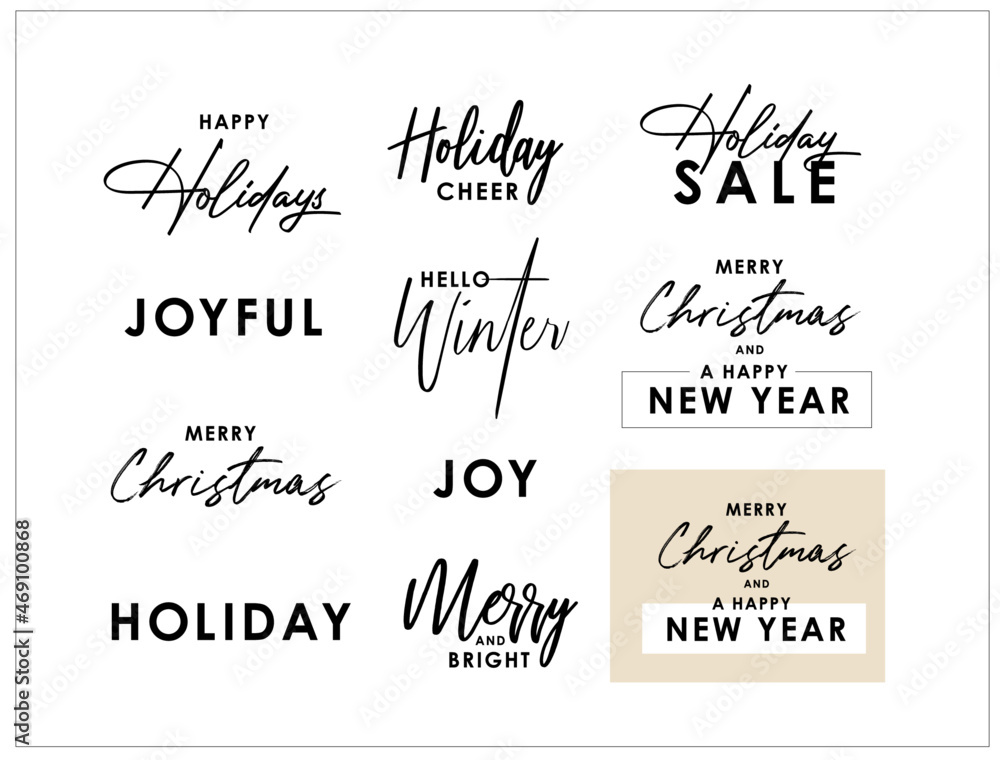 Fototapeta premium Christmas, Winter Holiday Typography Text Graphic Set. Minimalist modern typography. Vector multiple designs. Holiday campaign logo, email marketing message, store sign and banner, invitation card