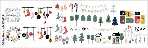 Christmas and winter Holiday icon graphic set for seasonal messages and artwork. Vector graphic elements of christmas tree, ornaments, leaf, wreath, stocking, gifts, santa hat, and cute houses-Bundle 