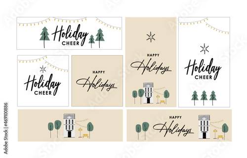 Christmas, Winter Holiday Web Graphic Banner Set. Minimalist modern illustration with placeholder typography. Vector multiple banner sizes. 