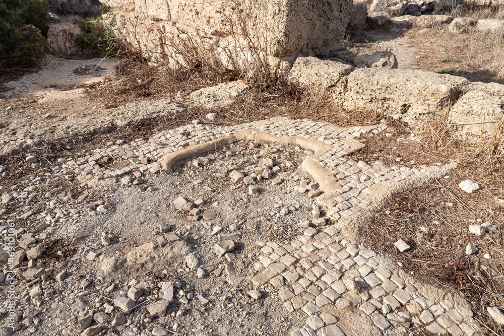 Remains  of an ancient mosaic of a 6th-century Orthodox church at Tel Shikmona, on the shores of the Mediterranean Sea, near Haifa city, on north of Israel