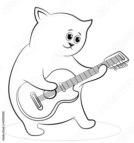 Cartoon Character Cat Musician with Guitar  Black Contours Isolated on White Background. Vector