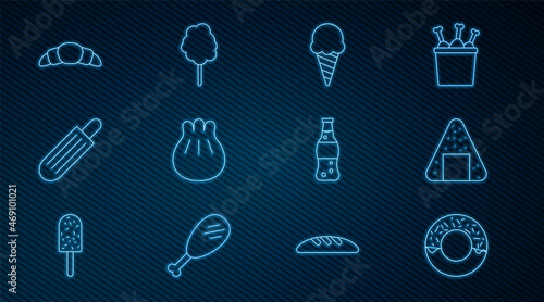 Set line Donut, Onigiri, Ice cream in waffle cone, Khinkali cutting board, French hot dog, Croissant, Bottle of water and Cotton candy icon. Vector
